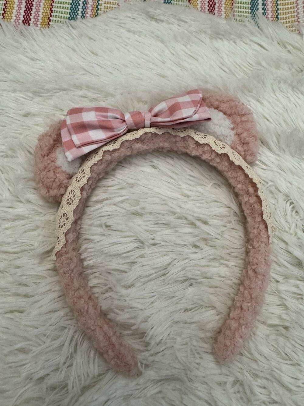 Pink Bear Ears Headband Cosplay Fuzzy Head Band Makeup Spa Costume